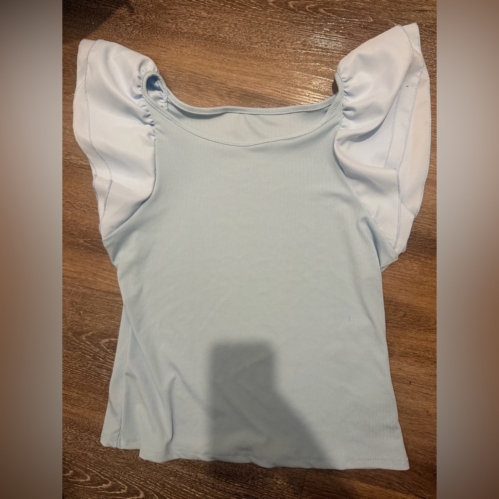 Ruffled Sleeve Scoop Neck Women's Top - Light Blue - Picture 1 of 2